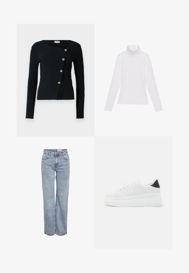 Crna majica dugih rukava s rebrastom teksturom i asimetričnim dizajnom. Ima gumbe duž prednje strane za zatvaranje i prilagođeni kroj.; Bijela majica dugih rukava s rolificom izrađena od glatkog, rastezljivog materijala. Ima visoki ovratnik i uski kroj, bez vidljivih uzoraka ili ukrasa.; Svijetloplave široke traperice napravljene od denima, s visokim strukom, dizajnom od pet džepova i suptilnim izbljeđivanjem za izgled nošenih traperica.; Bijele platforme tenisice napravljene od glatkog sintetičkog materijala, s okruglim vrhom, dizajnom s vezanjem i teksturiranom gumenom potplatom. Crni detalj na peti.