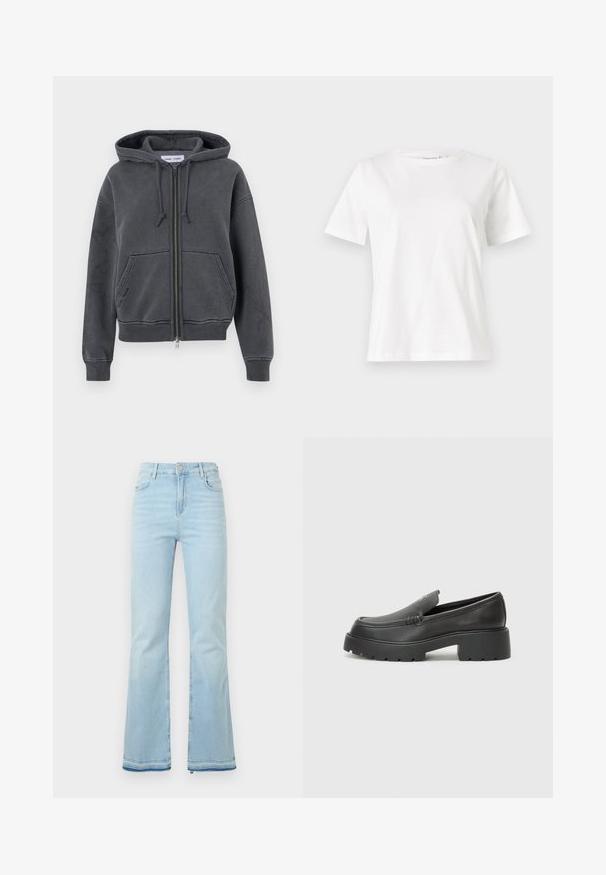 Sudadera de cremallera color gris carbón, hecha de una tela suave con capucha ajustable, bolsillos delanteros y puños y dobladillo acanalados. Diseño minimalista.; Camiseta de algodón blanca de manga corta, con cuello redondo y un corte relajado. Textura suave, sin patrones ni acentos, diseño minimalista.; Pantalones de mezclilla acampanados de color azul claro, con una cintura alta, bolsillos frontales y un dobladillo sin rematar en los puños para un look casual.; Mocasines de piel negra con punta redondeada, suela texturizada gruesa y mínimos detalles de costura. Diseño elegante sin cordones o herrajes visibles.