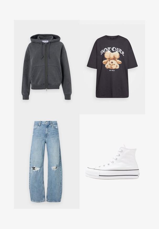 Felpa con zip grigia carbone, realizzata in morbido tessuto con cappuccio regolabile, tasche frontali e polsini e fondo a costine. Design minimalista.; T-shirt nera oversize con una grafica di un orso e la scritta "NON CARINA MA SELVAGGIA" in grassetto, lettere bianche. Materiale in cotone.; Jeans azzurri chiari a vita alta realizzati in denim. Presentano gambe larghe, due aree strappate sulle ginocchia e il classico styling a cinque tasche.; Sneaker alta in tela bianca con suola in gomma nera, punta in gomma frontale e sei asole per i lacci, caratterizzata da un design pulito e minimalista.