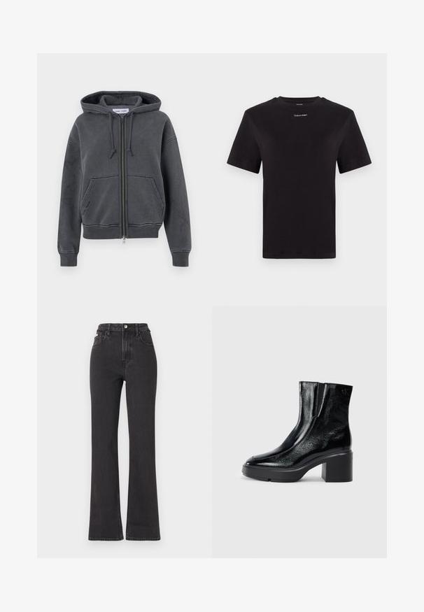 Sudadera de cremallera color gris carbón, hecha de una tela suave con capucha ajustable, bolsillos delanteros y puños y dobladillo acanalados. Diseño minimalista.; Camiseta de algodón negra con mangas cortas, cuello redondo y pequeño logo blanco de "Calvin Klein" en el pecho. Textura suave, corte clásico.; Jeans de cintura alta negros en tejido de mezclilla, con cierre de botón, presillas para cinturón y bolsillos laterales. Textura suave con un desvanecimiento mínimo.; Botas de tobillo de charol negro con puntera curva, paneles laterales elásticos y un tacón ancho. Presentan un logo embosado en la parte posterior.