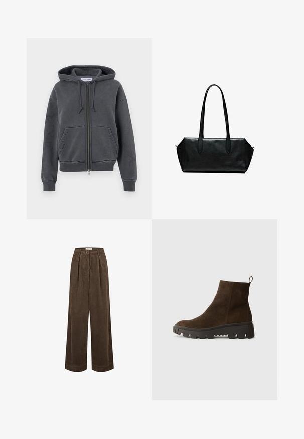 Kulgrå lynlås-hoodie lavet af blødt stof med snoretræk i huen, frontlommer samt ribkant ved ærmerne og nederkanten. Minimalistisk design.; Sennepsgul t-shirt med korte ærmer, løs pasform, rund hals og opsmøgede manchetter; lavet af blødt, struktureret bomuldsstof.; Brune ribbede vide bukser har en høj talje, frontfolder og en enkelt knaplukning. Glat tekstur med subtile riller gennem hele stoffet.; Brun ruskindsankelstøvle med en kraftig sort gummisål, der har en let hæl og en slip-in hækling for nem påklædning.; Sort læderhåndtaske med lange håndtag, rektangulær form, glat tekstur og skrå sider, der har et minimalistisk design uden synligt hardware.