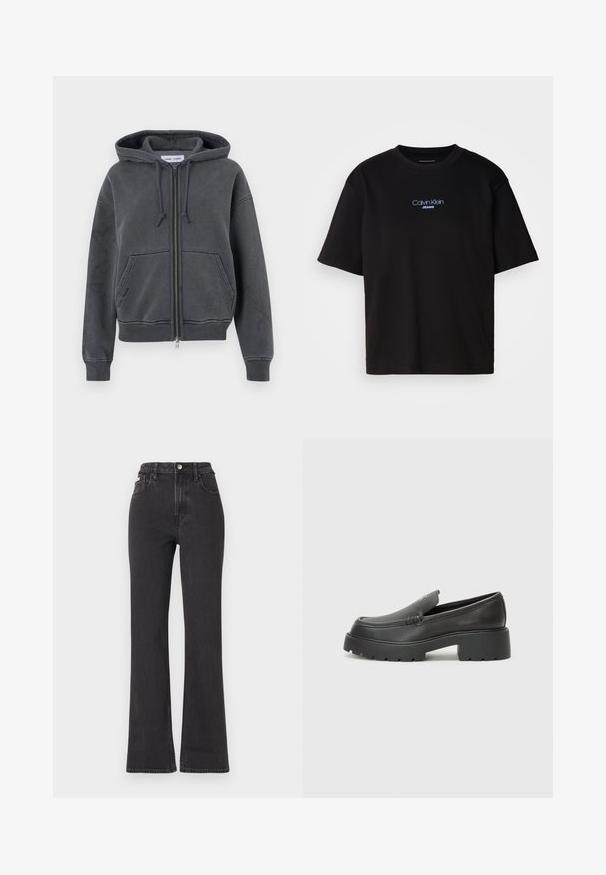 Anglies pilkos spalvos zip-up džemperis, pagamintas iš minkštos medžiagos, su reguliuojamu kapu, priekinėmis kišenėmis ir gumbuotomis rankogaliais bei apačia. Minimalistinis dizainas.; Juodas medvilnės marškinėliai su apykakle, trumpomis rankovėmis ir mėlynai siuvinėtu "Calvin Klein JEANS" logotipu priekyje.; Juodi aukštu liemeniu platėjantys džinsai, pagaminti iš džinsinio audinio, su mygtuko uždarymu, diržo kilpomis ir šoninėmis kišenėmis. Lygus paviršius su minimaliais išblukimais.; Juodi odiniai loaferiai su apvaliu pirštu, storu tekstūruotu padu ir minimaliu siūlių dekoru. Išskirtinis dizainas be matomų raištelių ar furnitūros.