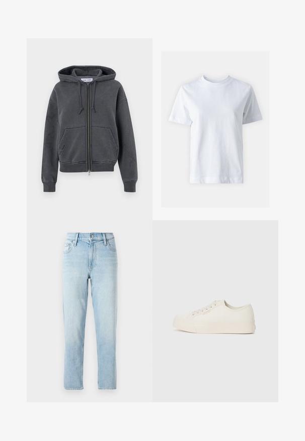 Charcoal gray zip-up hoodie, made of soft fabric with a drawstring hood, front pockets, and ribbed cuffs and hem. Minimalist design.; White cotton t-shirt with a crew neckline, short sleeves, a straight cut, and smooth texture. No patterns or embellishments.; Light blue denim jeans, straight-leg design, mid-rise waist, with five-pocket styling and a button closure at the front.; Sneakers made of off-white canvas, featuring a low-top design, round toe, and flat rubber sole with subtle stitching detail.