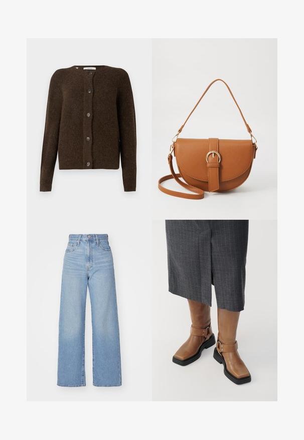 Brun strikket cardigan laget av mykt materiale, med rund hals, frontknapper og lange ermer. Strukturert overflate gjennom hele plagget.; Hvit kortermet skjorte laget av bomull, med knapper foran, klassisk krage og en enkelt brystlomme med korte ermer.; Lys blå høytlivs vide jeans med knapp- og glidelås lukking foran, foran og bak lommer, på en hvit bakgrunn.; Brune lær knee-high støvler med firkantet tå, sort gummisål og justerbare spænde detaljer. Båret med en grå stribet nederdel.; Brun lærcrossbody-veske med en buet form, gullhardware og et spenneakcent. Har en avtakbar skulderreim.