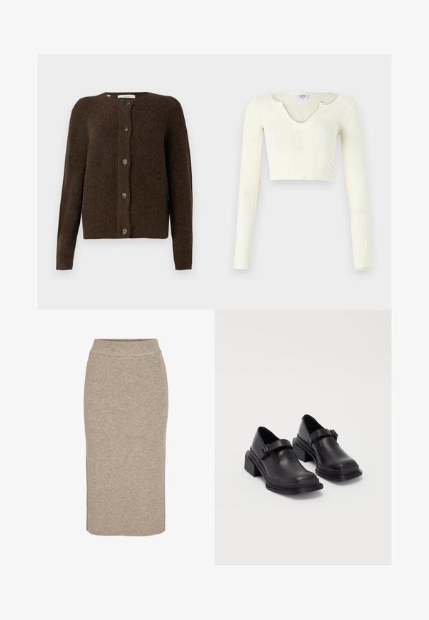 Barna kötött kardigán, puha anyagból készült, kerek nyakkivágással, elülső gombokkal és hosszú ujjakkal. A struktúrált felület jellemzi.; Off-white kötött anyagú crop top. Hosszú ujjak, bordás textúrával és kis kivágásokkal a nyakkivágás körül.; Kötött ceruzaszoknya világos bézs színben, bordázott textúrával, magas derekú és slim fit fazonnal. Szegélye a térd alatt ér véget.; Fekete bőr cipők lekerekített orral, lapos talppal és csattal díszített pánttal. Masszív blokk talp a megnövelt stabilitásért.