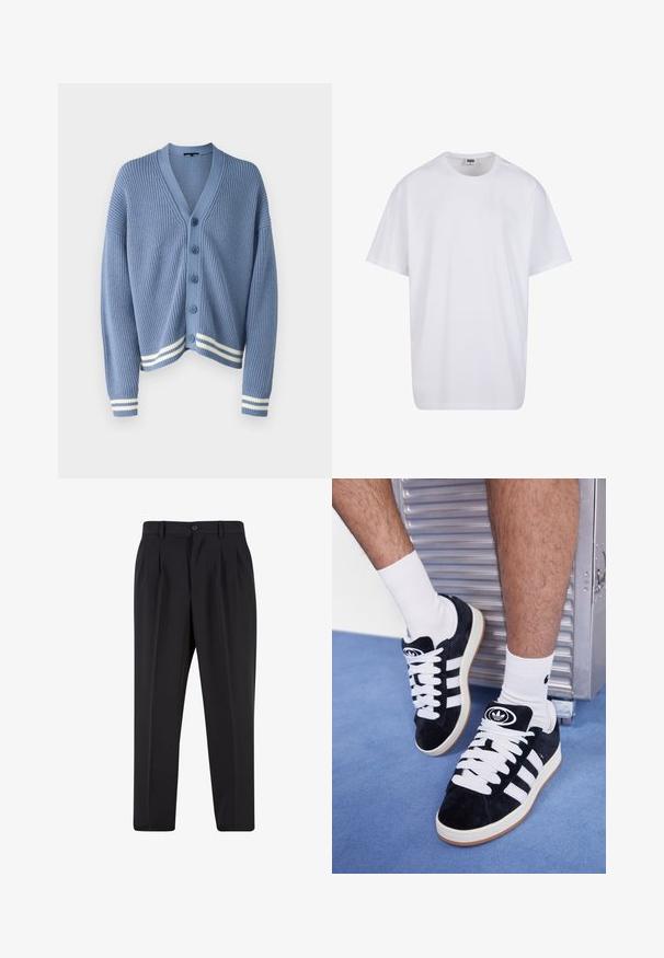 Blå strikket cardigan med v-hals, som har fem knapper, ribbestruktur og hvite striper på kanten og mansjettene.; Hvit bomull t-skjorte med korte ermer, rund utringning, avslappet passform, og ingen synlige logoer eller mønstre. Glatt tekstur og minimalistisk design.; Sorte bukser med plisseret frontdesign, lavet af glat stof. Har knaplukning og bæltesløjfer; rett-bukser.; Sorte semskede sneakers med hvite lisser og tre hvite striper. Har en sirkulær svart logo på tungen og en såle av gummigummi.