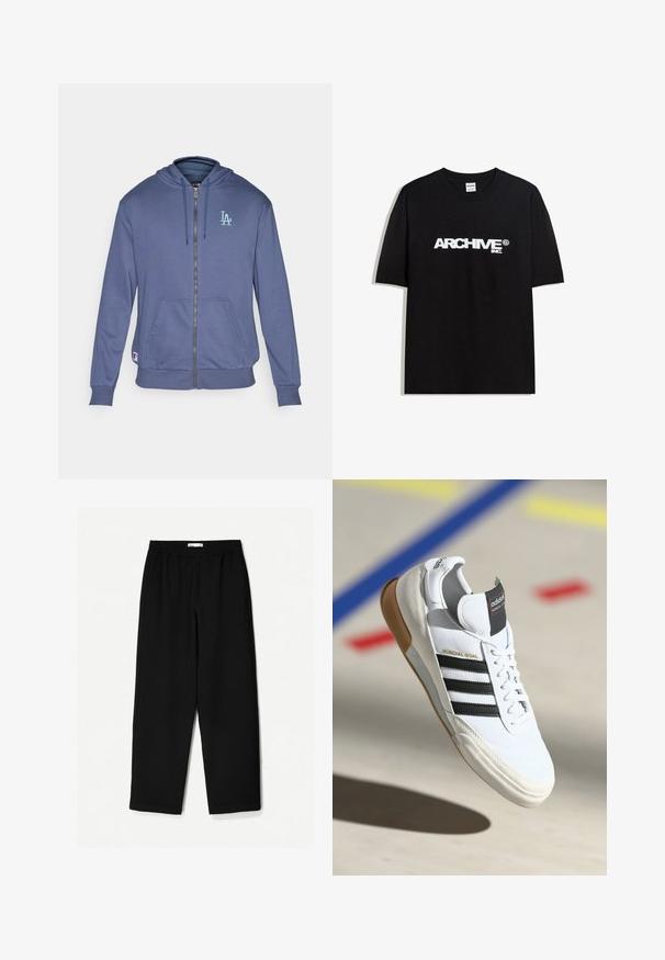 Felpa con zip di colore navy realizzata in tessuto morbido, dotata di cappuccio, tasche a marsupio frontali e un logo "LA" di colore blu chiaro sul lato sinistro del petto.; T-shirt in cotone nero con il logo bianco "ARCHIVE inc." stampato sul petto, maniche corte e colletto a girocollo.; Pantaloni neri a gamba larga realizzati in un tessuto leggero. Presentano una vita elasticizzata e una texture liscia. Senza motivi visibili o accessori.; Sneaker Adidas Mundial Goal bianca con strisce nere e suola in gomma, mostrata in volo sopra un pavimento di un campo sportivo con linee colorate.