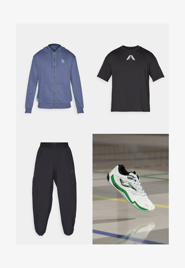 Mornarsko zip-up hoodie iz mehkega blaga, ki ima kapuco, sprednje kenguru žepke in svetlo modri "LA" logotip na levem prsnem delu.; Črna kratkosleeva majica iz lahkega blaga, z belim trikotnim logotipom na sprednji strani, klasičnim okroglim izrezom in sproščenim krojem.; Črne atletske hlače z elastiko v pasu, z žepi na zadrgo, ozkimi nogavicami in diskretnim logotipom na desnem stegnu.; Bele atletske čevlje z zelenimi detajli in črnim jezikom, ki ima teksturirano površino, večbarvno podplat in sistem vezalk.
