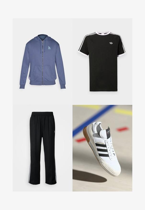 Marine blå hettegenser laget av mykt stoff, med hette, frontlommer og en lys blå "LA" logo på venstre bryst.; Svart t-skjorte laget av bomull med hvite detaljer. Har korte ermer, raglan-design og en liten logo på brystet. Tre hvite striper på skuldrene.; Sorte treningsbukser med elastisk midjebånd, med hvite sidestiper og en liten logo. Materialet ser mykt og lett ut.; Hvite Adidas Mundial Goal sneakers med svarte striper og gummisåle, vist i luften over en sportsgulv med fargede linjer.