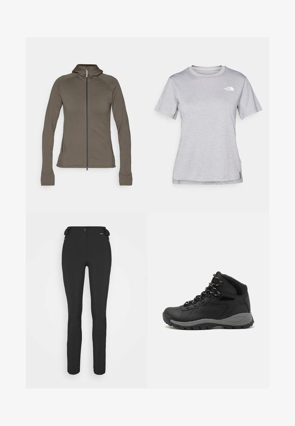Olíval zöld kapucnis dzseki teljes cipzárral, testhezálló fazon, puha tapintású, lapos varrásokkal és cipzáras oldalzsebekkel.; Szürke, rövid ujjú póló, puha, nedvességet elvezető anyagból készült. Kerek nyakú, és egy kis fehér logó található a bal felső részen.; Fekete, testhezálló nadrág rugalmas anyagból. Jellemzők: cipzáras oldalzseb, artikulált térdek és sima felület.; Fekete túracipő közepes magasságú kialakítással, texturált felsőrésszel, szürke részletekkel és strapabíró gumitalppal, amelynek tapadós kiemelkedései vannak.