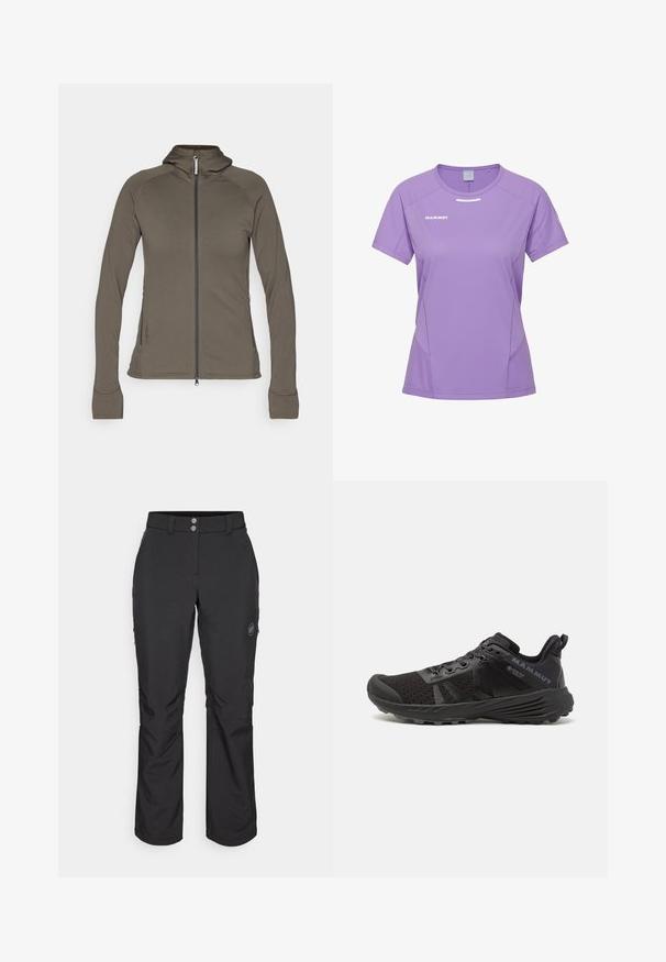 Olijfgroene hooded jacket met een volledige rits, aansluitend ontwerp, zachte textuur, flatlock naden en ritszakken aan de zijkanten.; Mammut AENERGY - Sport T-shirt - lavandin; Zwarte outdoor pants met een rechte snit, voorzien van een knoopsluiting, ritszakken aan de zijkant en een logo-label op de linker bovenbeen.; Zwarte hardloopschoen met een gestructureerde mesh bovenkant, versterkte neus en rubberen zool. Voorzien van een vetersysteem en logodetail aan de zijkant.
