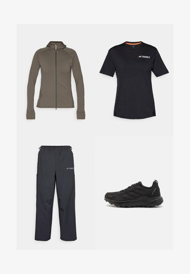 Kapuutsiga jope oliivrohelises värvis, täis tõmbluku, istuva disaini, pehme tekstuuri, lameõmbluste ja tõmblukuga küljetaskutega.; Must t-särk lühikeste varrukatega, ümmarguse kaelusega, millel on peen heather struktuur ja valge "TERREX" logo vasakul ülanurgas.; Mustajad, kerged väljakäimise püksid elastse vöökoha, küljetaskute ja logoga paremal ülemisel jalal. Sile veekindel kangas.; Mustad mustreeritud sünteetilisest materjalist pealsega mustad sportlikud jalanõud, paeltega kinnitamine, paks kummist tald ja diskreetne logo aktsent külgedel ja kandadel.