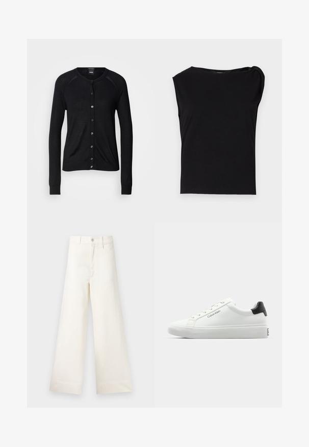Fekete kardigán, kerek nyakú, hosszú ujjú, gombos záródással és sima textúrával; ezüst színű gombokkal és bordázott mandzsettákkal.; Fekete, rövid ujjú felső, sima anyagból készült. Kerek nyakkivágással és redőzött részletekkel a vállon. Egyszerű, szoros fazon.; Világos bézs pamut széles lábú nadrág. Magas derék, elülső zsebek és egyenes vonalú fazon jellemzi. Tiszta, mintázat nélküli hem befejezés.; Fehér sneaker sima felülettel, fekete sarok akcentussal és fűzős dizájnnal. Oldalán "Calvin Klein" márkázás található. Minimalista stílus.