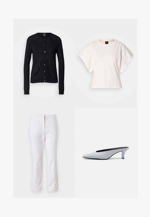 Cardigã preto com decote redondo, mangas longas, fecho de botões e uma textura suave; inclui botões em tom prateado e punhos canelados.; T-shirt branco cropped, mangas curtas e largas, material de algodão suave, decote redondo com um discreto acabamento laranja, design minimalista, sem padrões ou gráficos.; Calças de algodão brancas com um design de perna reta, apresentando uma cintura de altura média e sem hardware ou padrões visíveis. Textura suave por toda a peça.; Mule de pele patente azul claro com bico alongado, salto baixo transparente e um design elegante com um recorte no vamp.