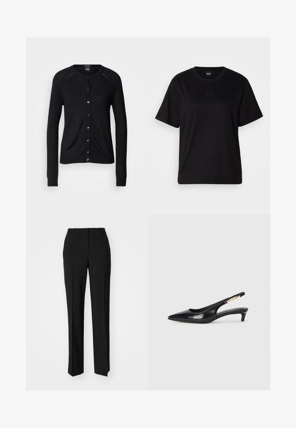 Cardigã preto com decote redondo, mangas longas, fecho de botões e uma textura suave; inclui botões em tom prateado e punhos canelados.; T-shirt de algodão preto com decote redondo, mangas curtas e um logótipo bordado no peito. Corte simples e descontraído, sem padrões.; Calças pretas de corte ajustado com um design de perna reta, apresentando uma textura lisa e pregas bem definidas na frente. Sem hardware visível.; Saltos slingback em couro preto com bico fino, apresentando um salto esguio e um detalhe em tom dourado na alça ajustável. Textura suave.