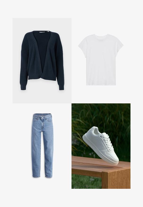 Navyblauer Cardigan mit offenem Vorderteil, mit gerippter Textur, lockerer Passform und langen Ärmeln. Mit V-Ausschnitt und dezentem Nahtdesign.; Weißes kurzärmliges T-Shirt mit Rundhalsausschnitt, lockerer Passform, aus weichem Baumwollstoff. Glatte Textur, keine Muster oder Logos.; Helle blaue Jeans aus Denim, mit entspannter Passform, geradem Bein, Fünf-Taschen-Design und ausgefransten Säumen für einen lässigen Look.; Weiße Sneaker mit einem glatten, synthetischen Obermaterial, perforierter Zehenbox, flachen Schnürsenkeln und einer strukturierten Sohle, präsentiert auf einer Holzoberfläche.