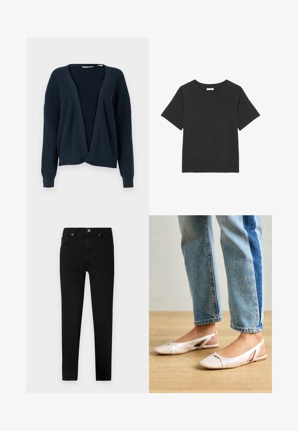 Cardigan bleu marine à ouverture frontale, avec texture côtelée, coupe loose et manches longues. Caractéristiques : encolure en V et détails de couture subtils.; T-shirt noir en tissu doux, avec un col rond et des manches courtes. Le design est simple, sans motifs ni accents visibles.; Jeans en denim noir à coupe slim, avec une fermeture à bouton sur le devant, des passants de ceinture et un design classique à cinq poches. Texture lisse.; Ballerines slingback rose pâle avec un bout pointu, fabriquées en un matériau semblable au cuir lisse. Présentent des découpes sur les côtés et un talon plat.
