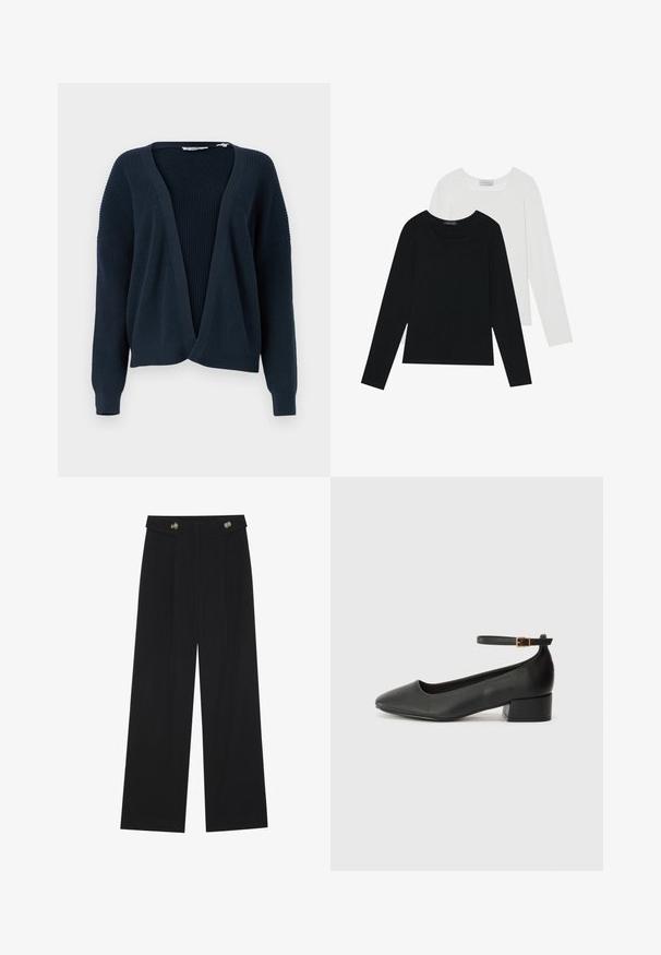 Cardigan deschis de culoare albastru marin, cu textură ribbed, croială lejeră și mâneci lungi. Are un decolteu în V și detalii subtile de cusătură.; Două bluze cu mânecă lungă, una neagră și una albă, ambele având un guler pătrat și fiind confecționate dintr-un material moale și elastic.; Pantaloni negri cu picioare largi, talie înaltă, detalii cu butoane pe talie și pliseuri în față.; Pantof cu toc negru din piele, cu vârf ascuțit și toc mic pătrat. Dispune de o curea la gleznă cu o cataramă în tonuri de aur. Textură netedă.