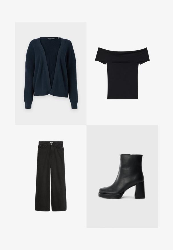 Navyblauer Cardigan mit offenem Vorderteil, mit gerippter Textur, lockerer Passform und langen Ärmeln. Mit V-Ausschnitt und dezentem Nahtdesign.; Schwarzes Off-Shoulder-Top aus weichem Stretchmaterial. Mit kurzen Ärmeln und figurnaher Silhouette. Schlichtes, nahtloses Design.; Schwarz denim Weitbein-Hose mit hoher Taille. Verfügt über fünf Taschen, Metallbeschläge und eine saubere Verarbeitung. Die Textur ist glatt und weich.; Schwarze Leder-Stiefelette mit Blockabsatz und Plattformsohle, seitlich auf einem schlichten weißen Hintergrund betrachtet.