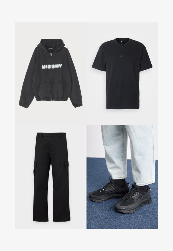 Černá mikina s kapucí na zip, s vroubkovanými manžetami a lemem. Na hrudi je nápis "MISBHV" vytištěný bílým graffiti stylem.; Černé bavlněné tričko Nike s klasickým kulatým výstřihem, krátkými rukávy a decentně vyraženým logem na hrudi. Hladký povrch.; Černé cargo kalhoty s rovnou nohavicí. Vyrobené z odolného materiálu, obsahují dvě boční kapsy se zapínáním na klopu a knoflíkový zip.; Černé sportovní boty s texturovanou tkaninou a gumovou podrážkou, s elastickými tkaničkami a modrým akcentem na patě. Nosí se s světlými džíny.