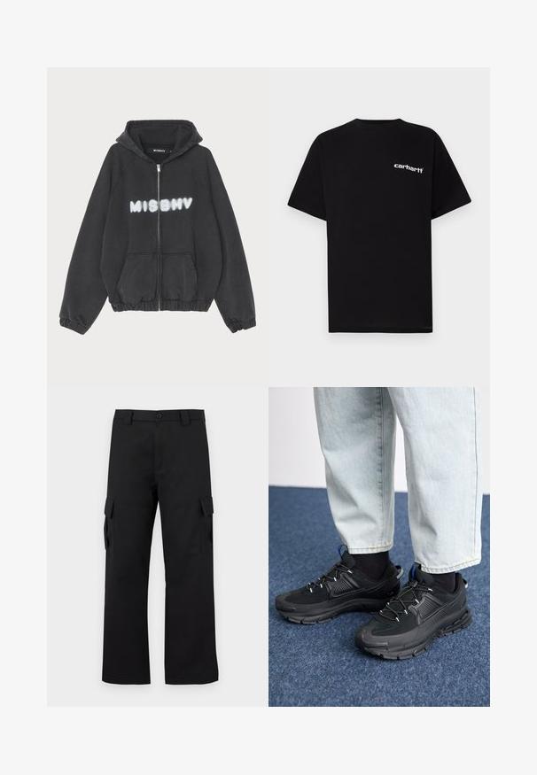 Črna kapuca z zadrgo spredaj, rebrastimi manšeti in robom. Na prsih je natisnjeno področje "MISBHV" v belem grafitnem stilu.; Črna bombažna majica s kratkimi rokavi, okroglim izrezom in belim napisom "Carhartt" na levi prsni strani. Gladek tekstura, minimalističen dizajn.; Črne cargo hlače s ravnim krojem. Narejene so iz trpežnega materiala in imajo dve stranski žepi s poklopcem ter gumbasto zaponko.; Črne športne čevlje z teksturirano tkanino in gumijastimi podplati, ki imajo elastične vezalke ter modre poudarke na peti. Nosi se z lahkimi denim hlačami.