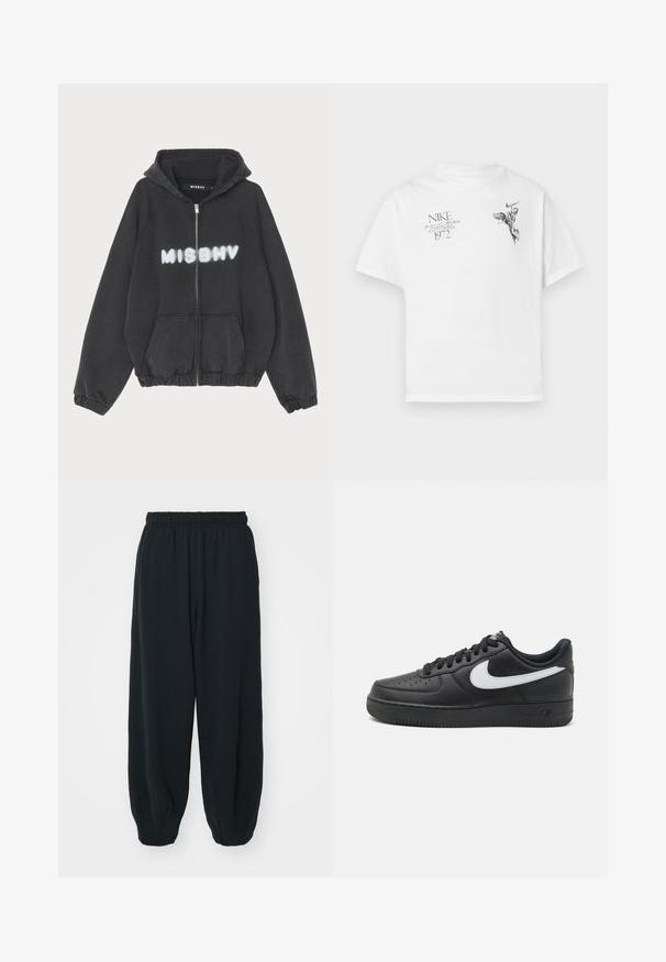 Čierna mikina s kapucňou a zipsom vpredu, s rebrovanými manžetami a lemom. Na hrudi je vytlačený nápis "MISBHV" v bielom graffiti štýle.; Biela bavlnená tričko s čiernym grafickým potlačou krídelnej postavy a textom, s okrúhlym výstrihom a krátkymi rukávmi.; Čierne tepláky s elastickým pásom, vo voľnom strihu, s manžetami na členkoch, hladkej textúry a bez viditeľných vzorov alebo kovových doplnkov.; Čierne tenisky Nike Air Force 1 s hladkým koženým zvrškom, bielym logom, perforovanou špičkou a textúrovanou gumovou podrážkou.