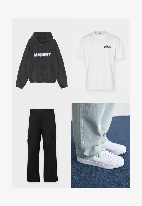 Fekete kapucnis pulcsi, cipzáros elülső résszel, bordás mandzsettákkal és szegéllyel. A mellkason fehér graffitistílusú "MISBHV" felirat található.; Fehér pamut póló, rövid ujjakkal és kerek nyakkivágással. A bal felső mellrészen fekete "Carhartt" logó látható.; Fekete cargo nadrág egyenes szárú kialakítással. Tartós anyagból készült, két oldalzsebbel, tépőzáras fedéllel és gombos zipzárral.; Fehér bőr sportcipők zöld Nike logóval, kerek orral, lapos talppal, világoskék farmernadrággal párosítva, kék szőnyegen bemutatva.