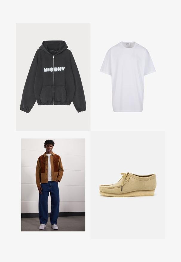 Juoda hoodie su užtrauktuku priekyje, su languotomis rankovėmis ir apatine dalimi. Krūtinėje puikuojasi „MISBHV“ užrašas balta graffiti stiliumi.; Balta medvilninė marškinėlių užsagėlė su trumpomis rankovėmis, apvaliu kaklu, laisva forma ir be matomų logotipų ar raštų. Lygi tekstūra ir minimalus dizainas.; Vyras, stovintis patalpose, apsirengęs rudų veliūrinių švarku su rust spalvos dėmėmis, balta marškinėliais, laisvomis mėlynomis džinsomis ir baltais sportbačiais.; Bežiniai zomšiniai batai su raištelių užsegimu, siuvinėjimo detalėmis ir guminiais padais. Forma yra kasdieniška su nedideliu pakulniu.