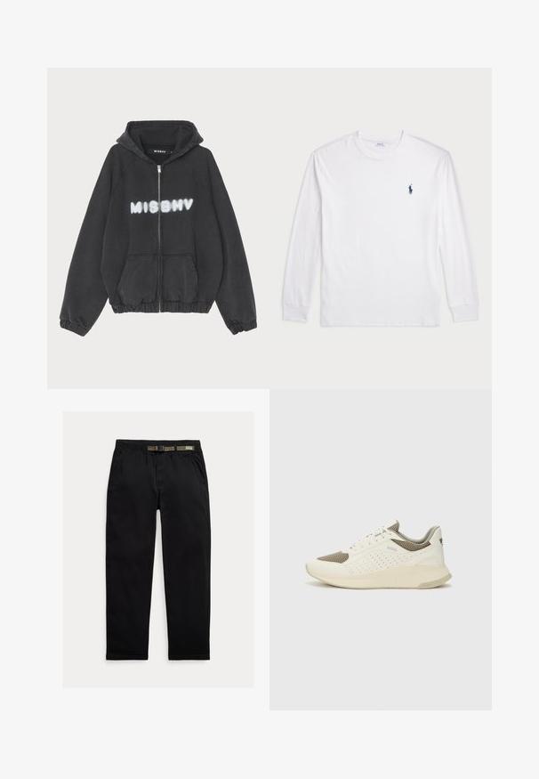 Sweatshirt preto com fecho à frente, punhos e barra canelados. Apresenta "MISBHV" impresso em letras brancas estilo graffiti ao longo do peito.; Camisola de manga longa branca feita de algodão. Apresenta um decote redondo, punhos canelados e um pequeno logótipo de polo azul-marinho no lado esquerdo do peito.; Calças pretas feitas de um tecido leve, com uma cintura elástica com um cinto verde integrado, corte reto e bolsos laterais.; Sapatilha atlética branca e bege claro, com parte superior em malha, detalhes perfurados e uma entressola texturizada com marcação no calcanhar.