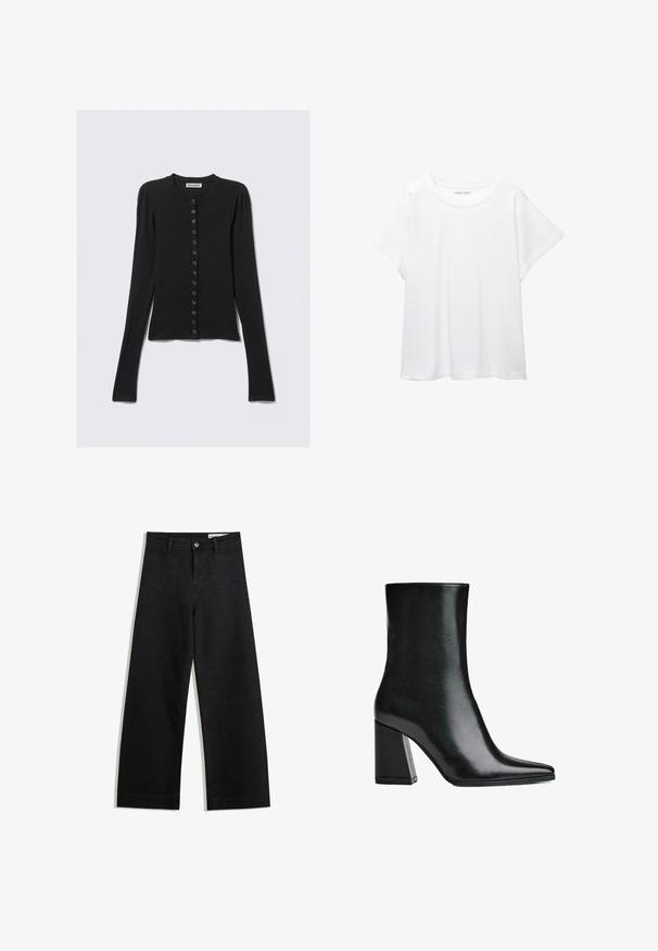 Sort langærmet cardigan lavet af blødt stof, med rund hals, knaplukning foran og en tætsiddende pasform. Glat tekstur og minimalistisk stil.; Hvid T-shirt lavet af blødt, let stof. Har en rund halsudskæring og korte, brede ærmer med en afslappet pasform. Ingen synlige mønstre.; Sorte wide-leg denim bukser med høj talje, der har front- og baglommer, syede sømme og en knaplukning. Glat tekstur.; Sort læder ankelstøvle med spids tå og høj blokhæl. Glat tekstur med en slank silhuet og et solidt basedesign.