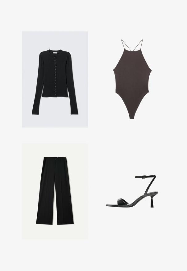 Mustavärinen pitkähihainen neuletakki, valmistettu pehmeästä kankaasta, jossa pyöreä kaula-aukko, napillinen edessä ja istuva malli. Sileä pinta ja minimalistinen tyyli.; Ruskea, korkeakauluksinen yksiosainen uimapuku, jossa on ohuet, säädettävät hihnat; siinä on korkea lahje ja sileä tekstuuri. Ei kuvioita tai koristeita.; Bershka WIDE - Housut - black; Bershka Korolliset sandaalit - black