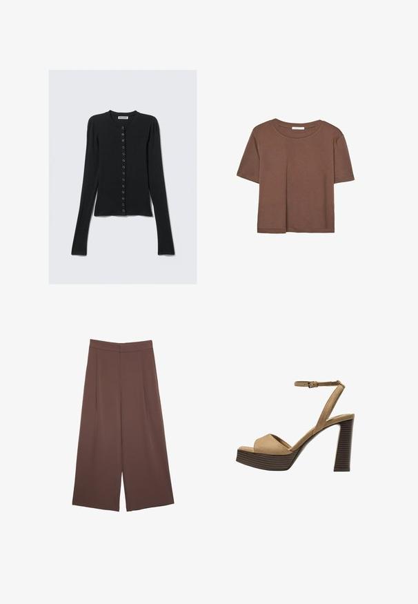 Zwarte cardigan met lange mouwen gemaakt van zachte stof, voorzien van een ronde hals, knoopsluiting aan de voorkant en een aansluitend ontwerp. Soepele textuur en minimalistische stijl.; Korte mouwen T-shirt in bruin, gemaakt van een zachte stof, met een ronde halslijn en een relaxte pasvorm. Geen zichtbare patronen of accenten.; Bruine wijde broek met een gladde textuur, voorzien van een hoge taille en plooien aan de voorkant. De stof is lichtgewicht en valt losjes.; Beige suède hoge hakken sandalen met een brede voorband en enkelband, met een dikke houten blokhak met een gestructureerde afwerking.