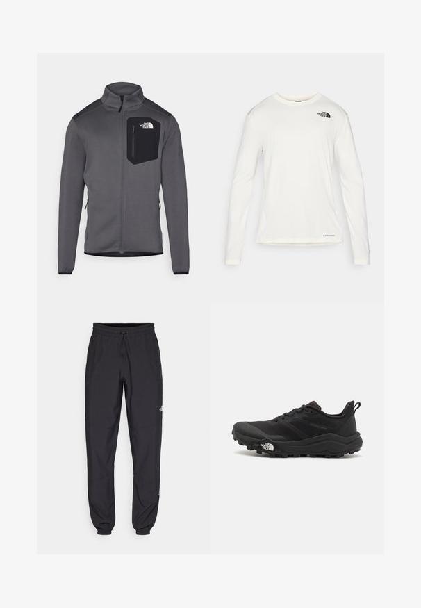 Sivi flis jopič z visokim ovratnikom, zadrgo spredaj in črno žeperkom na prsih. Ima elastične manžete in stranske zadrge za prilagoditev.; Bela srajca z dolgimi rokavi in okroglim ovratnikom, strukturirana tkanina, črn logo na levem ramenu in diskretno znamčenje na dnu.; Črne atletske hlače iz lahkega materiala, ki imajo elastični pas z vezalko, stranske žepe in zožene manšete na gležnjih.; Črne tekaške čevlje za trail s teksturirano zgornjega dela, gumijastim podplatom in ojačanim zaključkom prstov. Vključuje oblazinjen ovratnik in zanko za enostavno obuvanje.