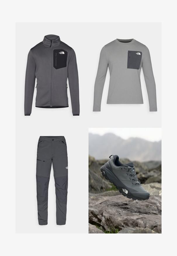 Pilkos vilnos džemperis su aukštu apykakliu, užtrauktuko priekyje ir juoda krūtine kišene. Yra elastingos rankovės ir šoninės užtrauktukos, leidžiančios reguliuoti dydį.; Ilgų rankovių pilkas marškinis su tekstūruota medžiaga, kuris turi tamsiai pilką krūtinės kišenę ir užtrauktuką. Kišenėje baltas logotipas.; Pilki lauko kelnės su lygiu tekstūru, turinčios šoninį kišenę su užtrauktuku, sustiprintus kelių skyrius ir subtilią logotipo detalę.; Pilkas bėgimo batelis su tekstūruota viršutine dalimi, tvirtu guminio pado ir sustiprinta nosimi. Turi raištelius ir prekės ženklo logotipą šone.