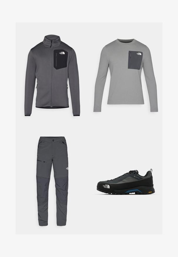 Giacca in pile grigia con colletto alto, chiusura con zip e tasca sul petto nera. Presenta polsini elasticizzati e zip laterali per la regolabilità.; Maglietta grigia a maniche lunghe con tessuto testurizzato, dotata di una tasca sul petto grigia scura e chiusura con zip. Logo bianco sulla tasca.; Pantaloni outdoor grigi con una texture liscia, dotati di una tasca con zip sul lato, sezioni di ginocchia rinforzate e un dettaglio logo sottile.; The North Face VERTO ALPINE GORE TEX - Scarpa da hiking - asphalt grey/tnf black