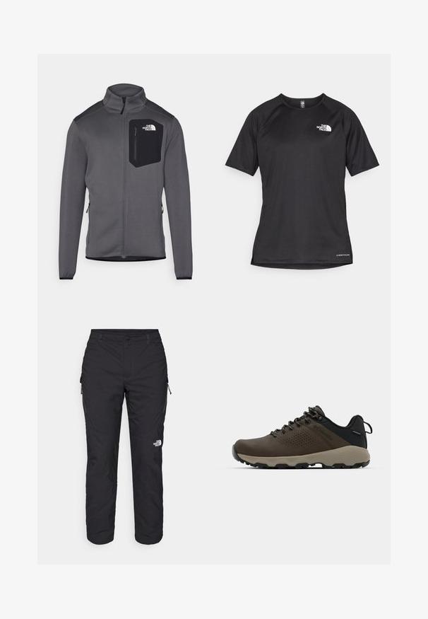 Harmaa fleece-takki, jossa on korkea kaulus, vetoketjukiinnitys edessä ja musta rintatasku. Ominaisuuksiin kuuluu joustavat hihansuut ja sivuvetoketjut säädettävyyttä varten.; Mustat lyhythihaiset urheilupaidat, joissa on teksturoitu kangas, valkoisella logolla vasemmassa rinnassa ja suora helma.; The North Face WINTER EXPLORATION TAPERED CARGO - Ulkohousut - black; Ruske vedenäyttävät lenkkarit, joissa on tekstuuroitu päällinen, reikiä korostavia yksityiskohtia, musta kantatuki ja harmaa kumipohja. Kiristysnauhoissa on metalliset päät.