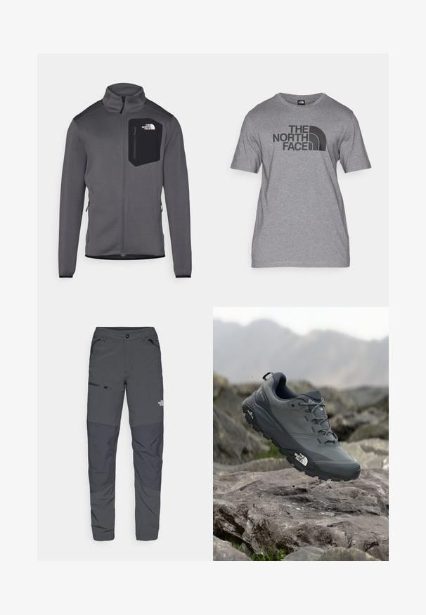 Veste en polaire grise avec un col montant, fermeture éclair à l'avant et poche poitrine noire. Caractéristiques : poignets élastiques et zips latéraux pour ajustement.; T-shirt gris à manches courtes en mélange de coton, avec un imprimé graphique noir "THE NORTH FACE" et un détail de logo incurvé sur le devant.; Pantalons d'extérieur gris avec une texture lisse, dotés d'une poche zippée sur le côté, de sections de genoux renforcés et d'un détail de logo subtil.; Chaussure de trail running grise avec un dessus texturé, semelle en caoutchouc durable et chaussure renforcée à l'avant. Comprend des lacets et un logo de la marque sur le côté.