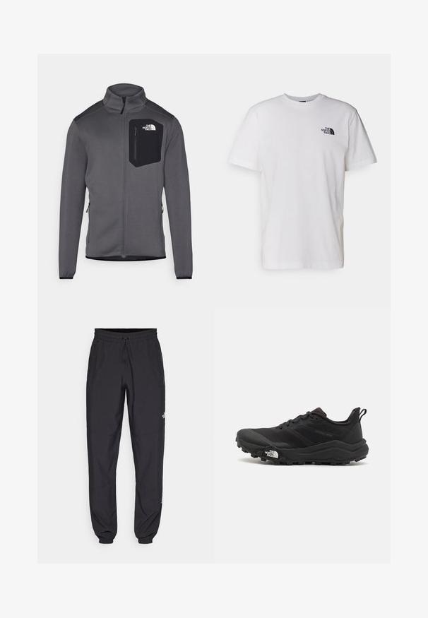 Graue Fleecejacke mit hohem Kragen, Reißverschluss vorne und schwarzer Brusttasche. Sie verfügt über elastische Bündchen und seitliche Reißverschlüsse zur Anpassung.; Weißes Baumwoll-T-Shirt mit Rundhalsausschnitt, kurzen Ärmeln und einem kleinen schwarzen Logo auf der linken Brustseite.; Schwarze Sporthosen aus leichtem Stoff, mit einem Kordelzugbund, seitlichen Taschen und schmal zulaufenden Bündchen an den Knöcheln.; Schwarzer Trailrunning-Schuh mit strukturiertem Obermaterial, Gummisohle und verstärkter Zehenkappe. Verfügt über einen gepolsterten Kragen und eine Ziehlasche für einfaches Anziehen.