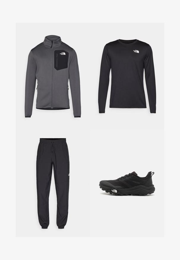 Sivá fleecová bunda s vysokým golierom, so zipsom na prednej strane a čiernou náprsníkou. Obsahuje elastické manžety a bočné zipsy pre možnosť prispôsobenia.; Čierne tričko s dlhým rukávom vyrobené z ľahkej tkaniny, s bielym logom na hornej ľavej strane hrude. Hladká textúra.; Čierne športové nohavice vyrobené z ľahkej tkaniny, s elastickým pásom na šnurovanie, bočnými vreckami a zúženými manžetami na členkoch.; Čierne trailové behacie topánky s štruktúrovaným zvrškom, gumovou podrážkou a vystuženou špičkou. Obsahuje polstrovaný golier a úchyt na jednoduché obúvanie.