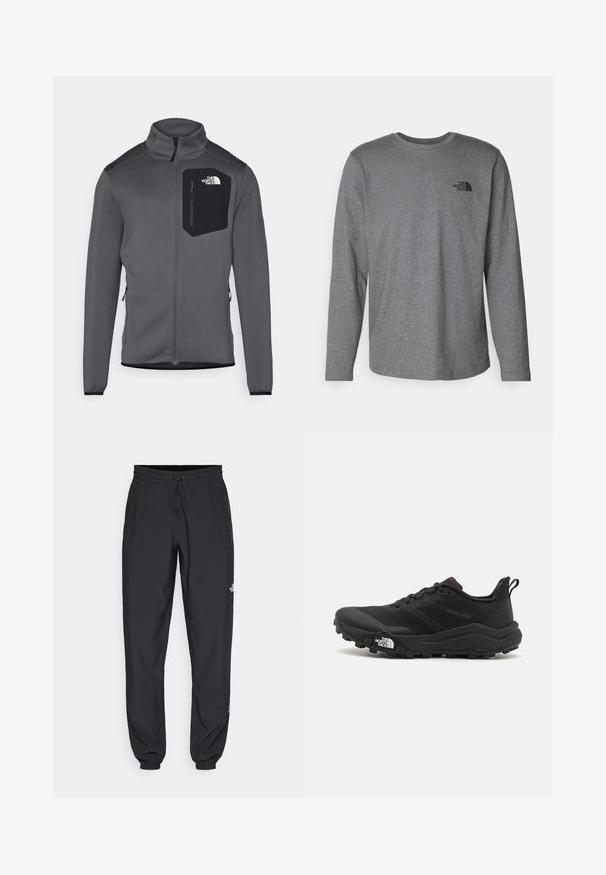 Gray fleece jacket with a high collar, zippered front, and black chest pocket. Features elastic cuffs and side zippers for adjustability.; The North Face M L/S SIMPLE DOME TEE - Long sleeved top - medium grey heather; Black athletic pants made from lightweight fabric, featuring a drawstring waistband, side pockets, and tapered cuffs at the ankles.; Black trail running shoe with a textured upper, rubber sole, and reinforced toe cap. Features a padded collar and pull tab for easy wear.