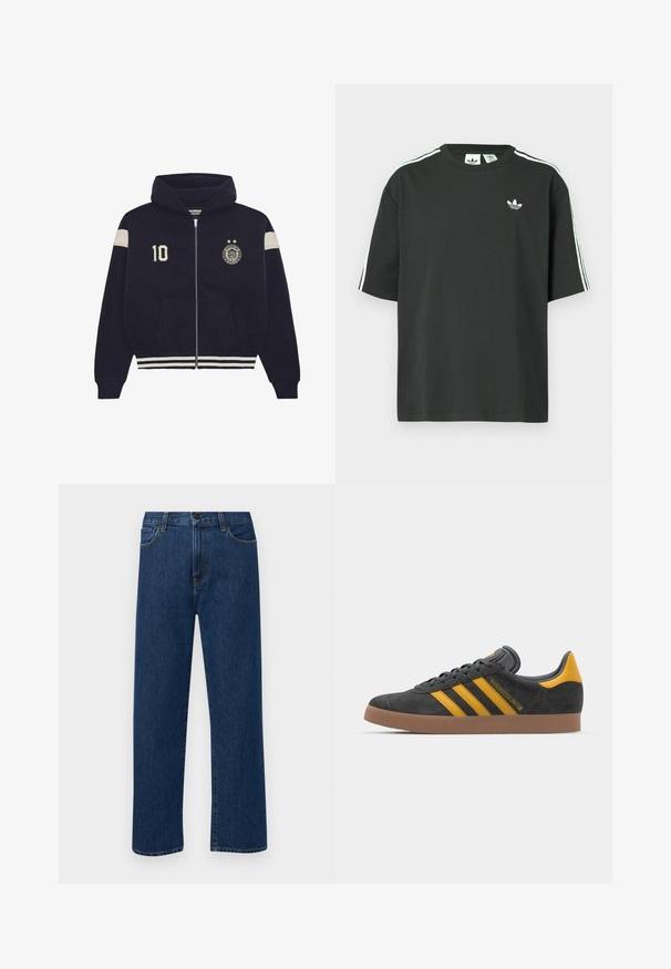 Felpa con zip di colore blu navy, con cappuccio, strisce bianche sulle maniche e sull'orlo, patch con il numero "10" sul petto sinistro e un emblema circolare con due stelle sul petto destro.; Maglietta nera in cotone con maniche corte, scollo rotondo e dettagli bianchi a tre strisce sulle spalle. Presenta un piccolo logo bianco sul petto.; Jeans in denim di un blu scuro a gamba dritta con tasche anteriori e chiusura con bottone, esposti su uno sfondo bianco semplice.; Sneaker in suede nero con dettagli gialli, dotato di tre strisce e una suola in gomma marrone. Include una linguetta imbottita per il comfort.