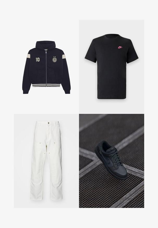 Felpa con zip di colore blu navy, con cappuccio, strisce bianche sulle maniche e sull'orlo, patch con il numero "10" sul petto sinistro e un emblema circolare con due stelle sul petto destro.; T-shirt in cotone nero con scollatura tonda e maniche corte. Presenta un logo Nike rosa sulla parte superiore sinistra. Texture liscia.; Pantaloni cargo bianchi in cotone con vestibilità rilassata. Tra le caratteristiche ci sono tasche frontali, dettagli in metallo dorato e sezioni rinforzate sulle ginocchia.; Sneaker Nike in pelle nera con punta arrotondata, tomaia perforata e suola in gomma texturizzata. Include lacci e un branding discreto.