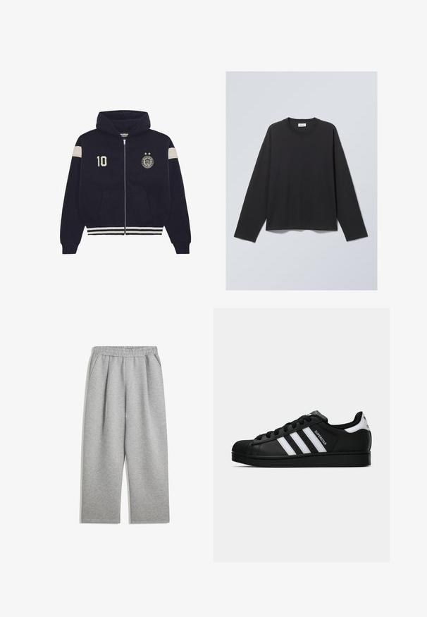 Námornícky modrá mikina na zips s kapucňou, biele pruhy na rukávoch a leme, nášivka "10" na ľavom hrudníku a kruhový emblém so zlato na pravom hrudníku.; Čierne dlhé rukávy tričko vyrobené z mäkkej tkaniny. Obsahuje klasický okrúhly výstrih a voľný strih. Švy na pleciach, minimalistický dizajn.; Svetlošedé tepláky s elastickým pásom a bočnými vreckami, s rovnými nohavicami, vyrobené z jemného materiálu.; Čierne tenisky Adidas Superstar s bielymi pruhmi, špičkou v tvare mušle a textom "Superstar" na boku, zobrazené v bočnom profilu na bielom pozadí.