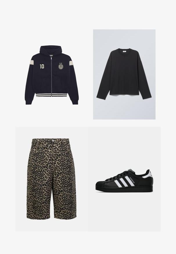 Haut en molleton zippé bleu marine avec une capuche, rayures blanches sur les manches et l'ourlet, écusson "10" sur la poitrine gauche et emblème circulaire avec deux étoiles sur la poitrine droite.; T-shirt noir à manches longues en tissu doux. Il présente un col rond et une coupe décontractée. Détails de couture sur les épaules, design minimaliste.; Shorts en denim à imprimé léopard dans des tons terrestres, avec une fermeture à bouton, cinq poches et une coupe décontractée.; Baskets Adidas Superstar noires avec rayures blanches, bout en coque, et texte "Superstar" sur le côté, montrées en profil sur fond blanc.
