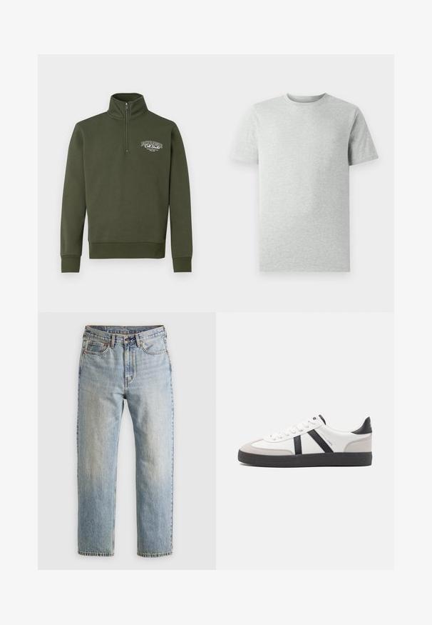 Donkergroene pullover sweatshirt met een hoge kraag, kwart rits, ribgebreide manchetten en een klein wit logo op de linkerkant van de borst. Soepele textuur.; Effen lichtgrijze T-shirt met korte mouwen en ronde hals, weergegeven op een witte achtergrond, frontaanzicht zonder zichtbare logo's of ontwerpen.; Lichtblauwe denim jeans met hoge taille, frontknop, rits en vijfzakkenontwerp, plat gelegd op een neutrale achtergrond.; Witte sneaker met zwarte en grijze accenten, voorzien van een grijze neus met textuur, zwarte rubberen zool en platte witte veters. Schoon ontwerp, minimalistische stijl.