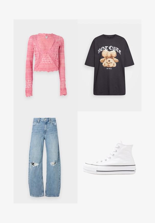 Szydełkowy kardigan w jasnoróżowym kolorze, z długimi rękawami, dekoltem w kształcie litery V i falbaniastymi krawędziami. Wykonany z teksturowanego, otwartego materiału.; Czarny, oversize t-shirt z grafiką niedźwiedzia i napisem „NIE UROCZY, ALE DZIKI” w grubej, białej czcionce. Materiał bawełniany.; Jasnoniebieskie, wysokiej talii dżinsy wykonane z denimu. Posiadają szerokie nogawki, dwa podarte miejsca na kolanach oraz klasyczne pięć kieszeni.; Białe wysokie trampki z płótna z czarną gumową podeszwą, przednim czubkiem z gumy i sześcioma dziurkami na sznurowadła, charakteryzujące się prostym, minimalistycznym designem.