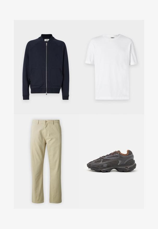 Felpa blu navy con chiusura a zip, polsini e orlo a costine, due tasche frontali e maniche a raglan. Tessuto morbido con una trama liscia.; T-shirt bianco in cotone con scollo a girocollo, maniche corte e risvolti; design semplice, texture morbida e taglio dritto.; Pantaloni in cotone beige dal design a gamba dritta, con chiusura frontale a bottone e passanti per cintura. Tessuto liscio, senza motivi o dettagli visibili.; Sneaker Lacoste grigie scure in materiale mesh e sintetico, con suola testurizzata e dettagli marroni sul colletto e sul branding.