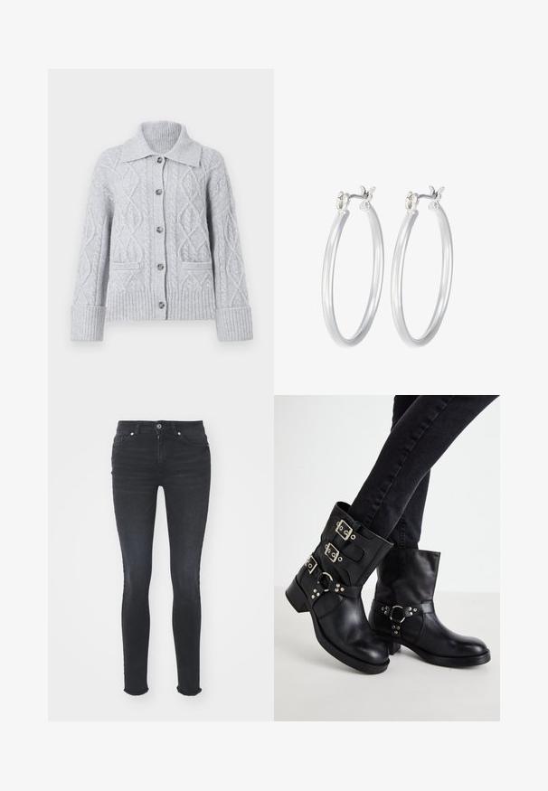 Cardigan in maglia grigia chiaro con collo a camicia, chiusura con bottoni, polsini a coste e tasche frontali. Texture morbida e design accogliente.; Bodysuit nero a maniche lunghe con collo alto, caratterizzato da un tessuto solido sul torso e maniche in rete trasparente, progettato con una forma aderente.; Jeans skinny in denim nero con vita media, cinque tasche e orlo sfilacciato. Il tessuto ha una texture liscia con leggero elastico.; Stivaletti neri in pelle con tre fibbie decorative, punta rotonda e tacco basso a blocco. Il design presenta pannelli lisci e testurizzati.; Orecchini a cerchio in argento con una finitura liscia e lucida. Forma rotonda e chiusura a scatto sicura. Design leggero adatto per l'uso quotidiano.