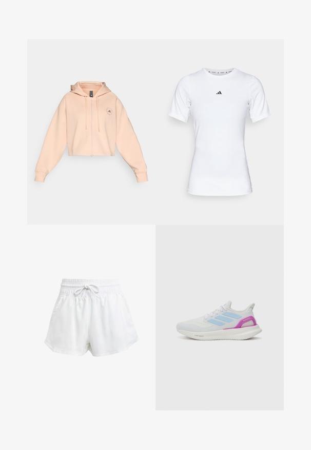 Corta de capuz pêssego com fecho éclair frontal, cordões e um logótipo circular no lado esquerdo do peito, apresentando uma textura suave e um ajuste relaxado.; Camisola atlética branca com mangas curtas, feita de tecido liso e elástico. Apresenta um pequeno logotipo preto da Adidas no peito.; Calções de desporto brancos com um cós elástico e cordão ajustável. Feitos de material leve, apresentam bolsos laterais e um corte largo.; adidas Performance PUREBOOST 5 - Sapatos para corrida em estrada - white/glow blue/purple burst