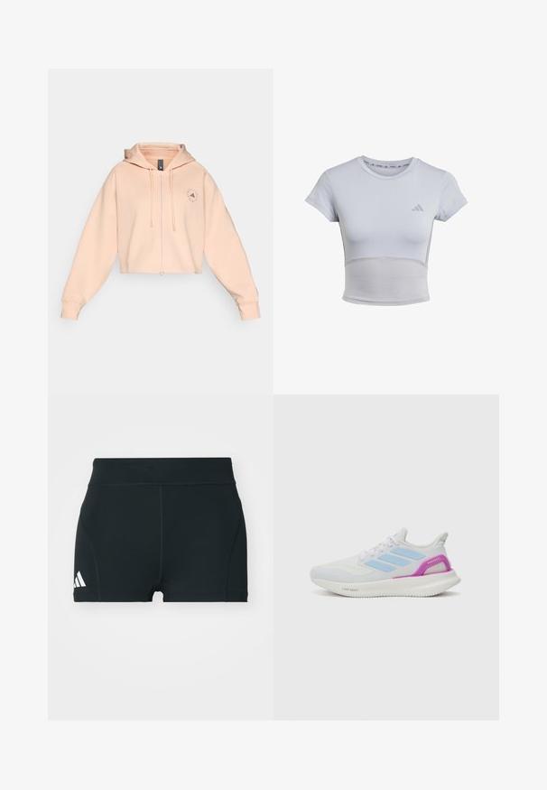 Skuren persikofärgad hoodie med framdragkedja, snoddar och en cirkulär logotyp på vänster bröst, med en mjuk textur och avslappnad passform.; adidas Performance T-shirt till träning - halo silver grey; Svarta träningsshorts i stretchigt material, med hög midja, åtsittande passform och vitt Adidas-logga på vänster sida.; adidas Performance PUREBOOST 5 - Väglöparskor - white/glow blue/purple burst